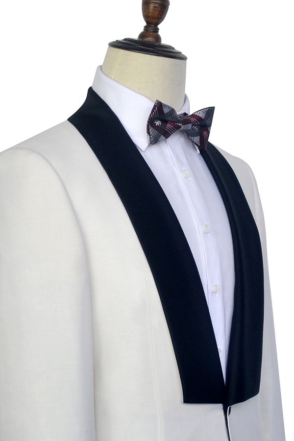 Black Knife Collar Classic White Wedding Suits for Men One Button Wedding Tuxedos-showprettydress