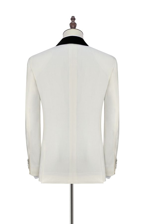 Black Knife Collar Well-cut White Wedding Suits for Men One Button Wedding Tuxedos-showprettydress