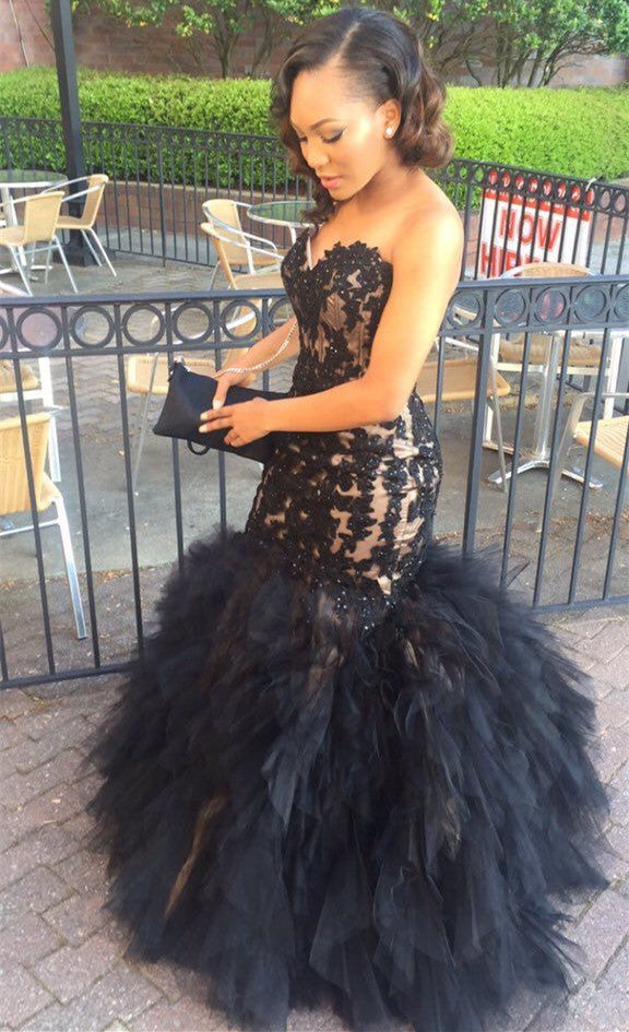 Black Lace Appliques Sweetheart Mermaid Puffy Ruffles Tulle Sleeveless Ptom Dress-showprettydress