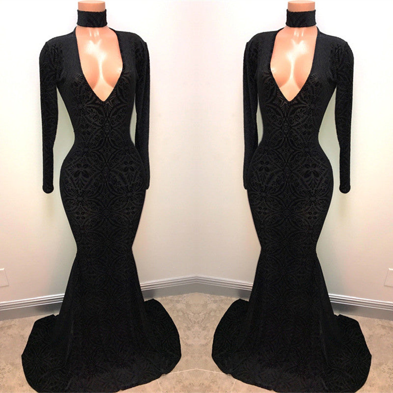 Black Lace V-Neck Prom Party Gowns| Mermaid Long-Sleeve Evening Gowns-showprettydress