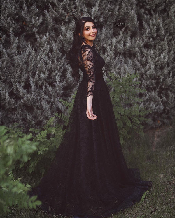 Black Long A-line Tulle Lace Wedding Dress with Sleeves-showprettydress