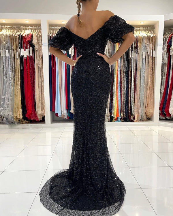 Black Long Mermaid Off-the-Shoulder Sequins Prom Dress With Slit-showprettydress