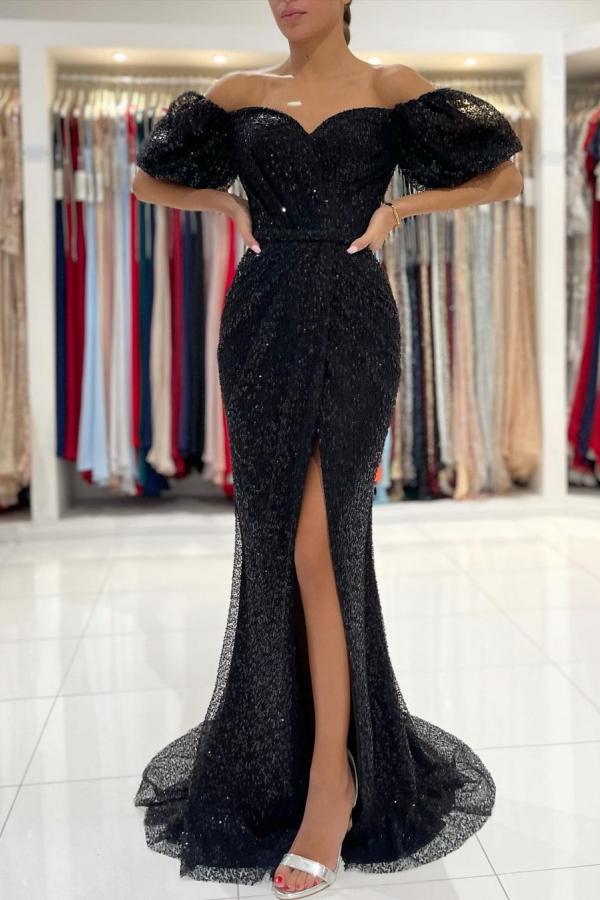 Black Long Mermaid Off-the-Shoulder Sequins Prom Dress With Slit-showprettydress
