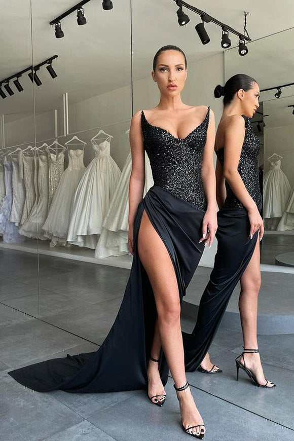 Black Long Mermaid Strapless Lace-up Sequined Prom Dress with Slit-showprettydress