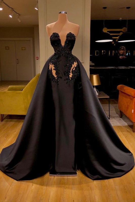 Black Long Mermaid Sweetheart Overskirt Evening Gowns With Appliques-showprettydress