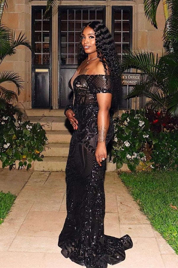 Black Long Mermaid V-neck Lace Sequined Applique Prom Dress with Sleeves-showprettydress