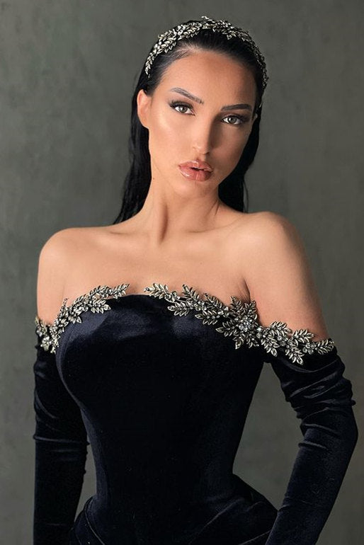 Black Long Mermaid Velvet Off-the-shoulder High Split Prom Dress with Sleeves-showprettydress