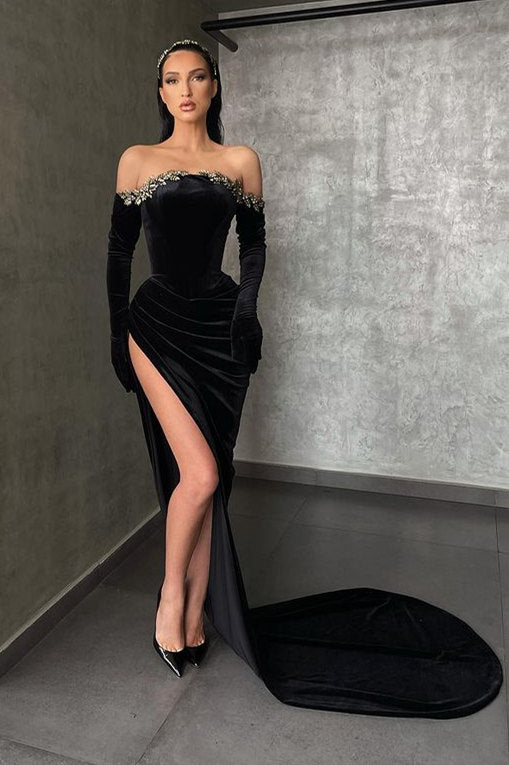 Black Long Mermaid Velvet Off-the-shoulder High Split Prom Dress with Sleeves-showprettydress