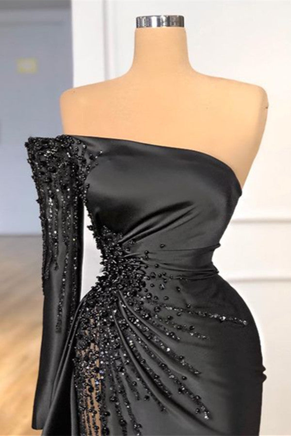 Black Long Sleeves One Shoulder Prom Dress Beadings Mermaid Evening Gowns-showprettydress