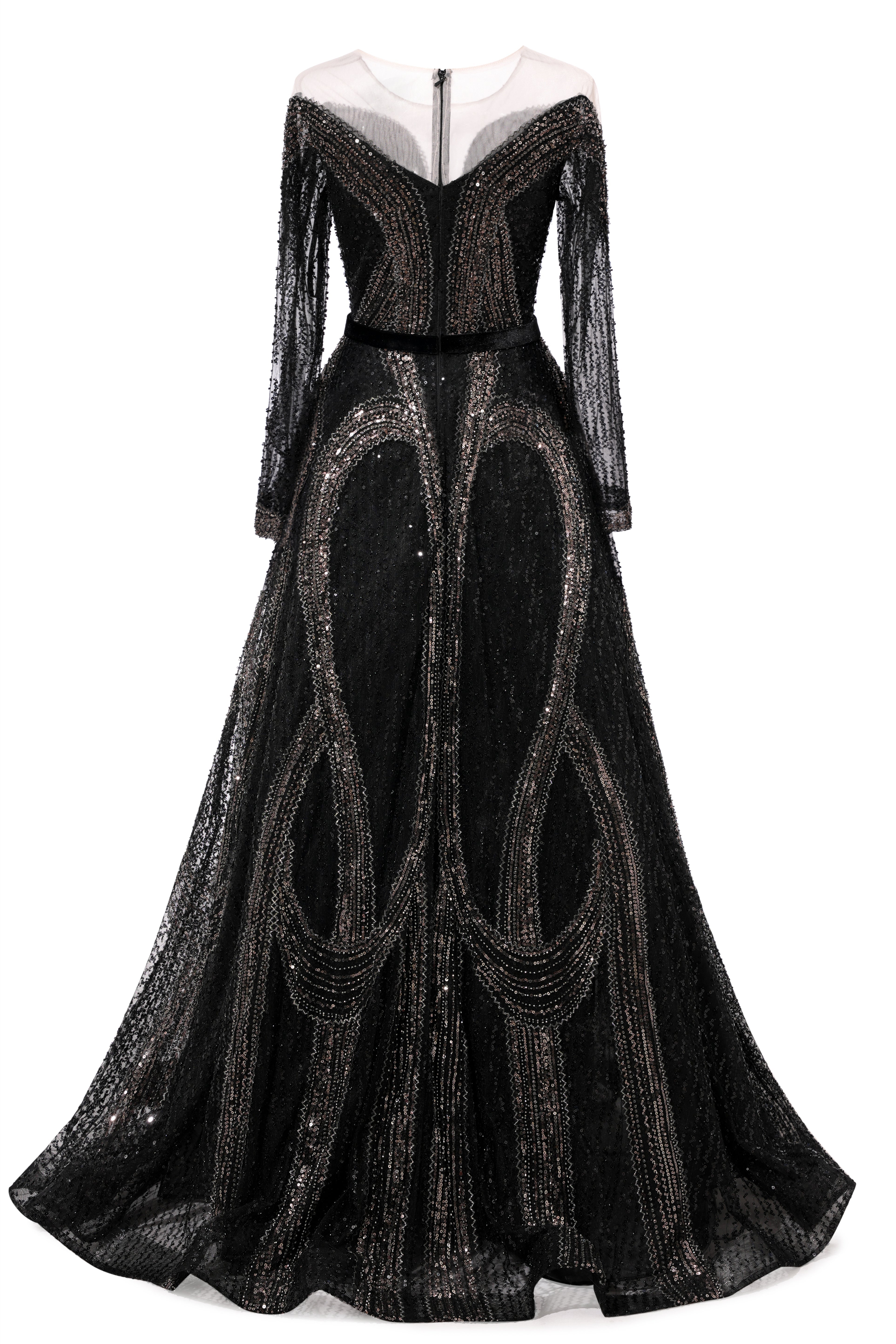 Black Long sleeves V-neck Luxury Sparkle Princess Evening Dresses-showprettydress