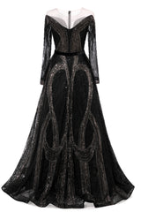 Black Long sleeves V-neck Luxury Sparkle Princess Evening Dresses-showprettydress