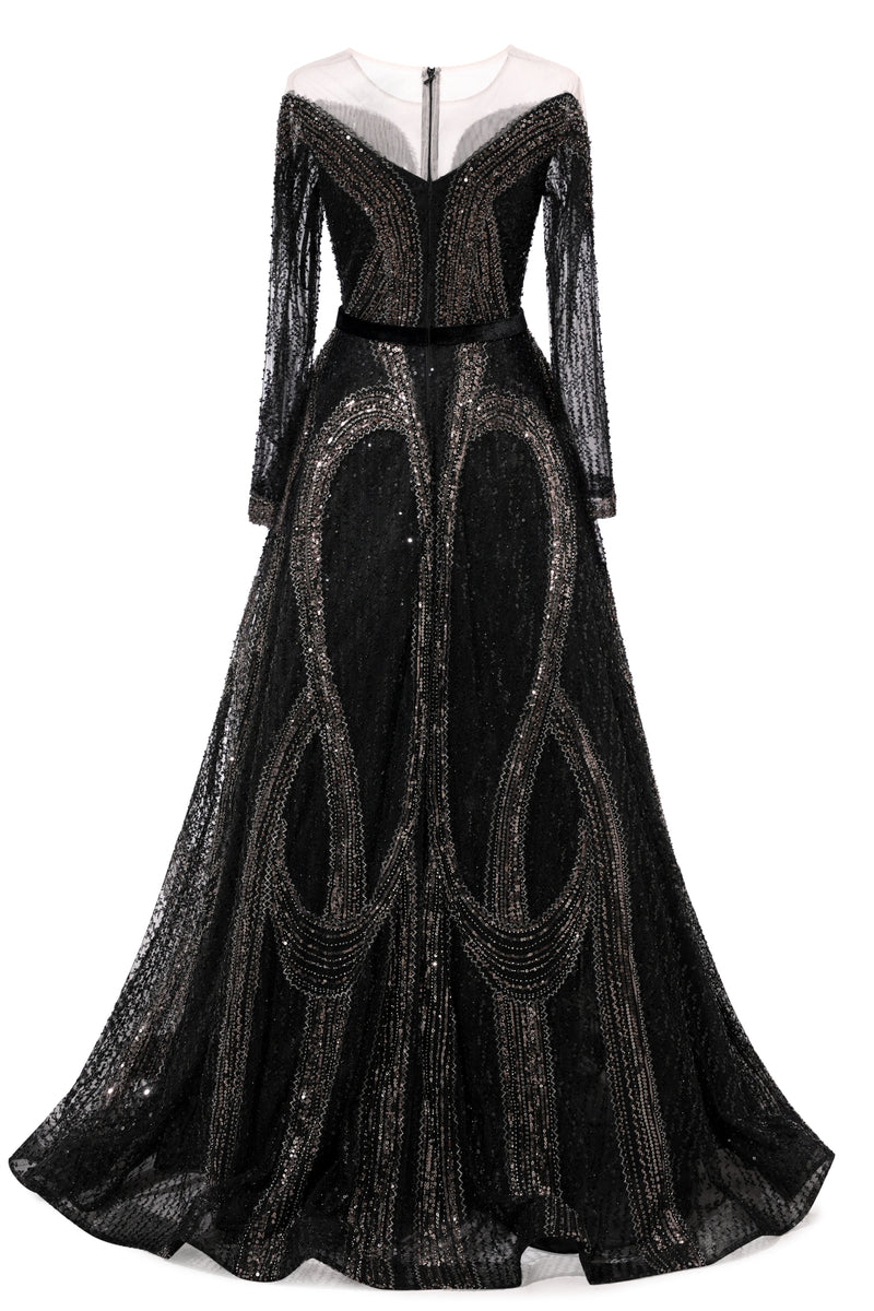 Black Long sleeves V-neck Luxury Sparkle Princess Evening Dresses-showprettydress