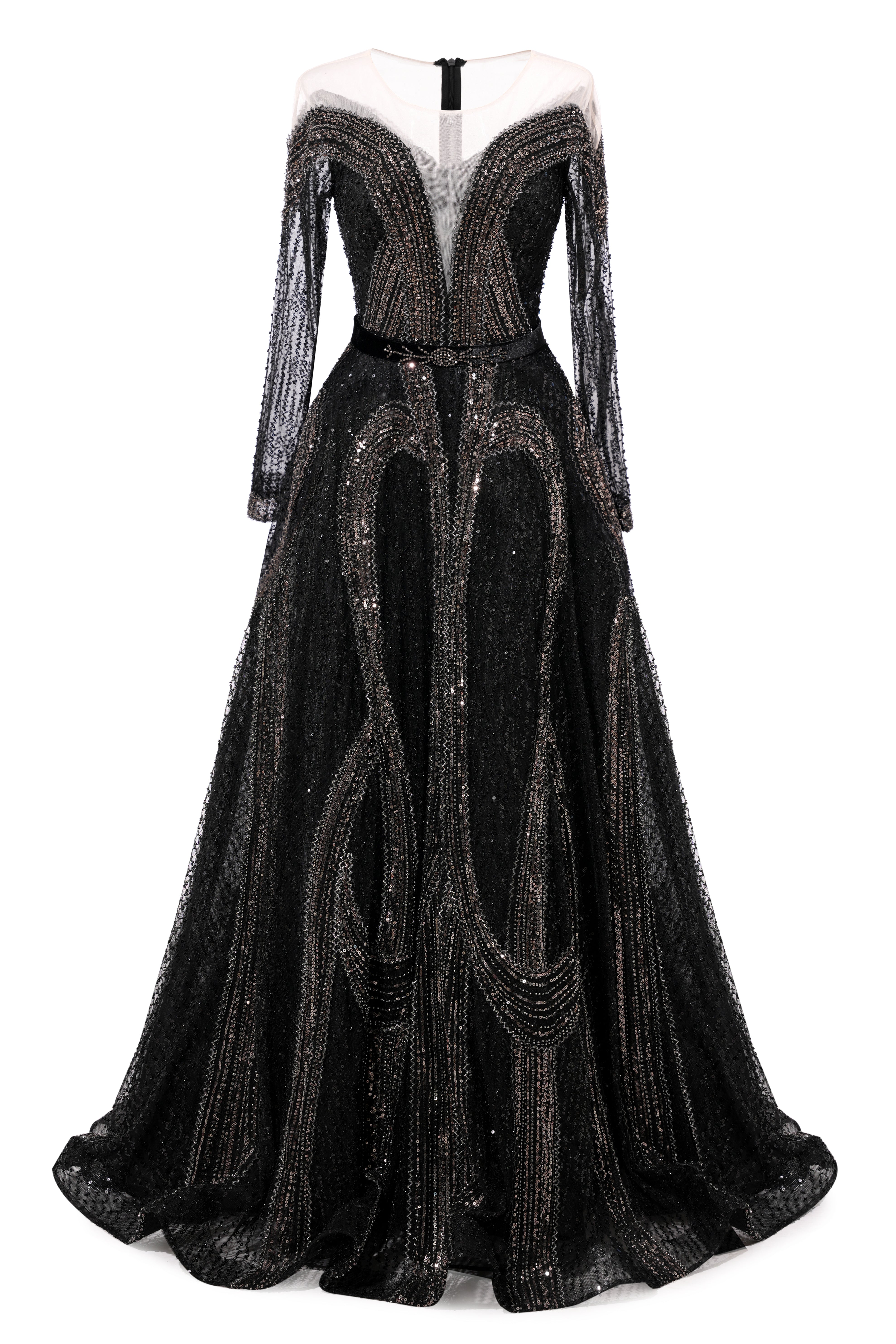 Black Long sleeves V-neck Luxury Sparkle Princess Evening Dresses-showprettydress