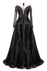 Black Long sleeves V-neck Luxury Sparkle Princess Evening Dresses-showprettydress