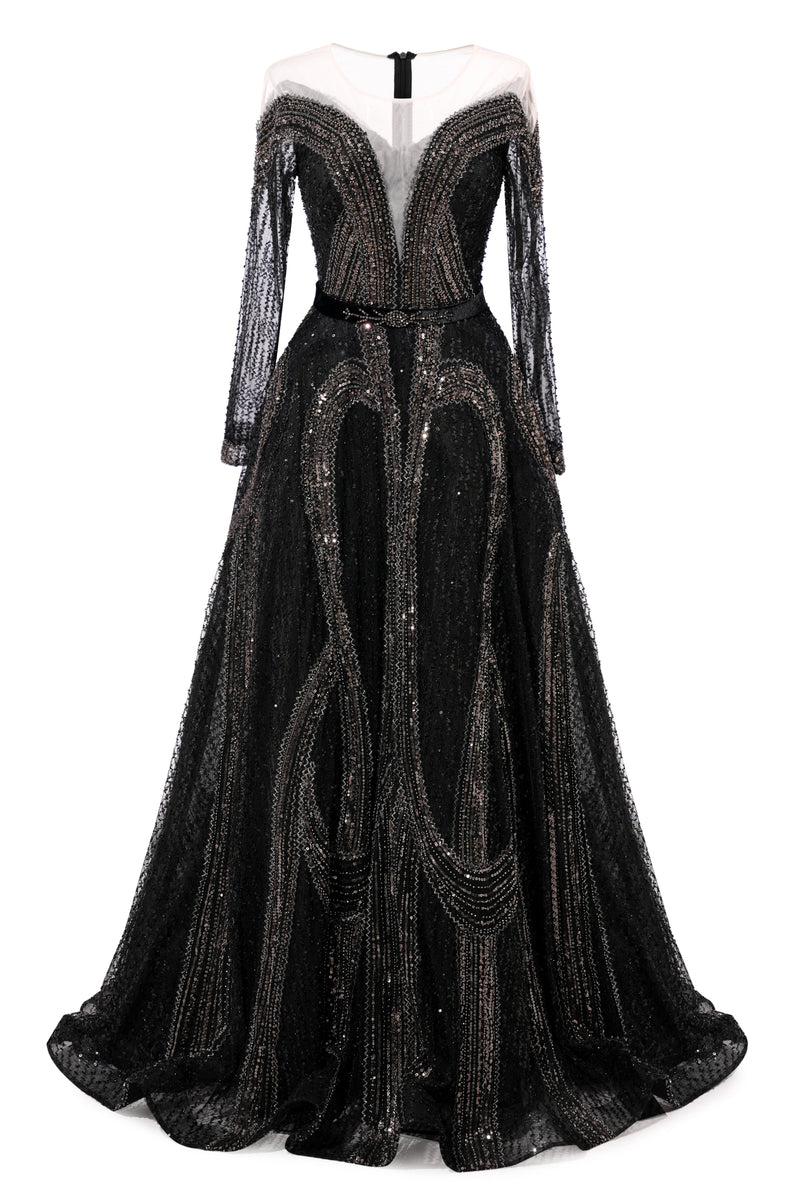 Black Long sleeves V-neck Luxury Sparkle Princess Evening Dresses-showprettydress