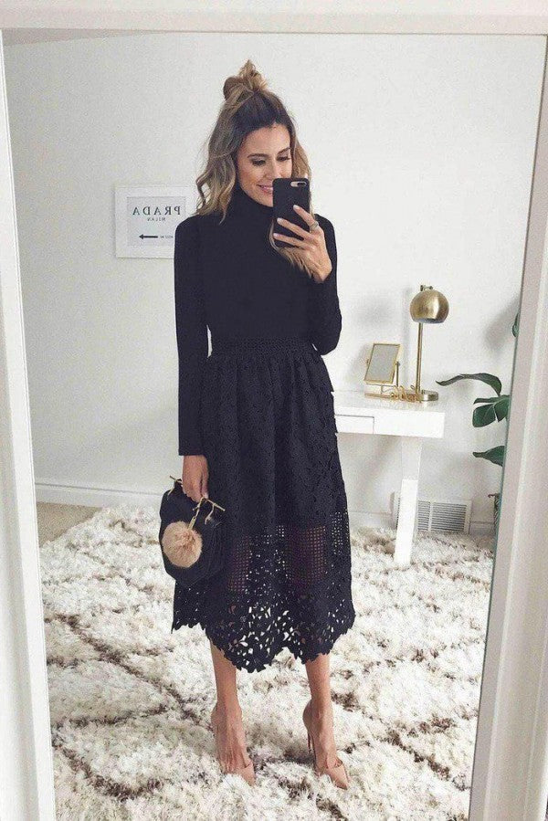 Black Long Sleevess lace Ankle length Summer Homecoming Dress-showprettydress