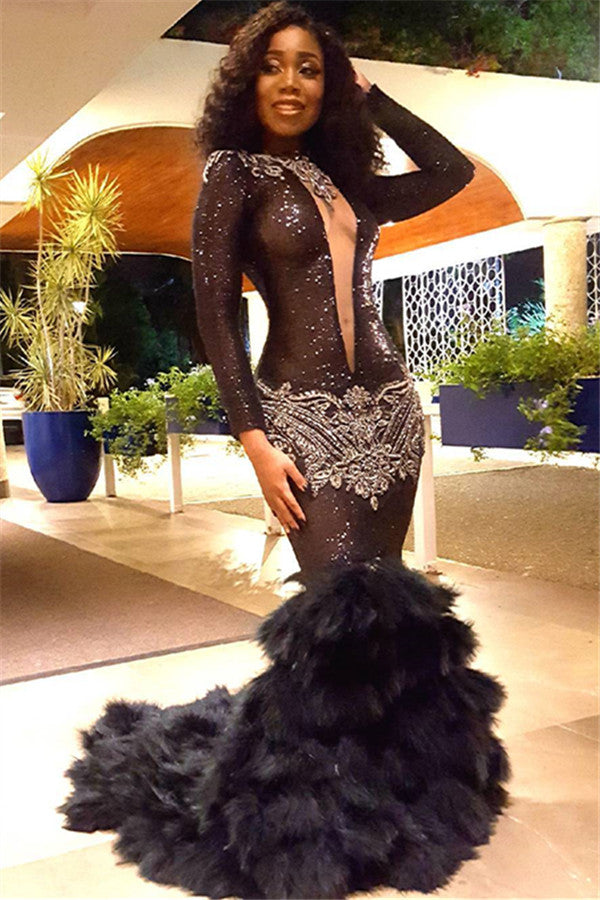 Black Mermaid Long Sleevess Deep V-Neck Sheer Tulle Fur Applique Prom Dresses-showprettydress