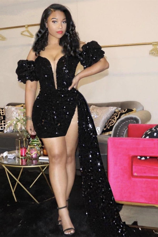 Black Plunging V neck Off the shoulder Knee length Mermaid Prom Dress-showprettydress