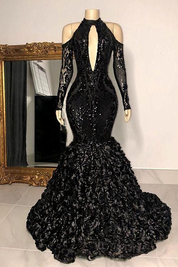 Black Sexy Keyhole Cool Shoulder Mermaid Flowers Prom Dresses-showprettydress