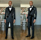 Black Shawl Lapel Double Breasted Slim Fit Wedding Groom Suits-showprettydress