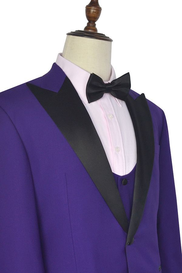 Black Silk Peak Lapel Three Piece Wedding Tuxedos Mens Suits with Vest for Prom-showprettydress