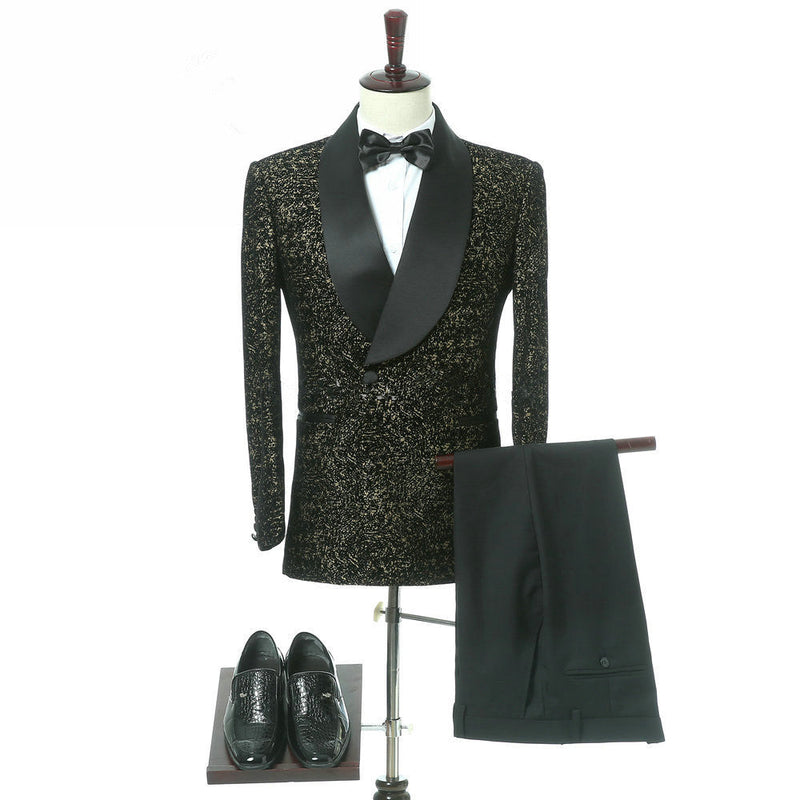Black Slim Fit Shawl Lapel Double Breasted Wedding Groom Suits-showprettydress
