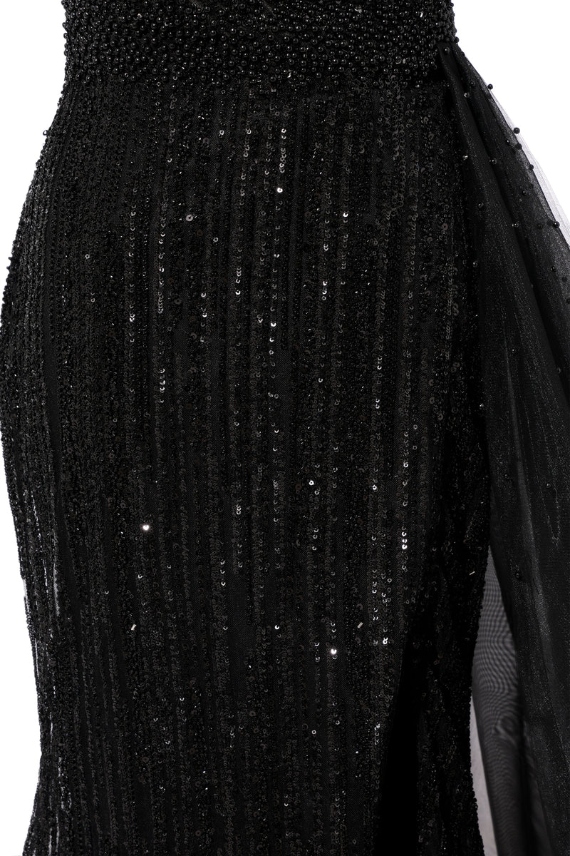 Black Sparkle One shoulder Court Train Evening Dresses-showprettydress