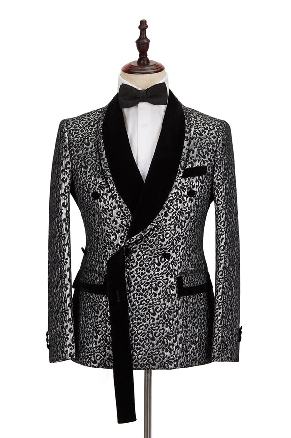 Black Stitching Silver Leopard Jacquard Men Suit Shawl Lapel Double Breasted Wedding Suit for Formal-showprettydress