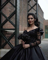 Black V neck Long Sleevess Ball gown Wedding Dress-showprettydress