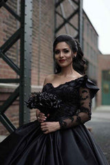 Black V neck Long Sleevess Ball gown Wedding Dress-showprettydress