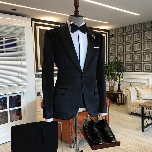 Black Velvet One Button Peaked Lapel Slim Fit Men Suits-showprettydress