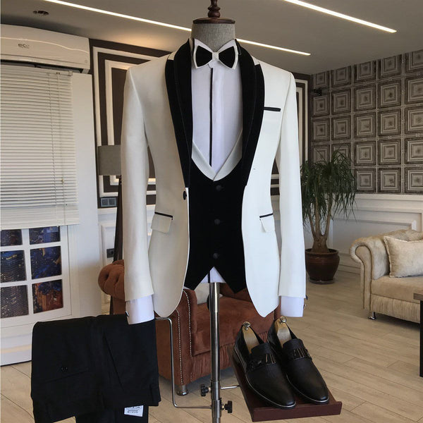 Black White Shawl Lapel Slim Fit Wedding Tuxedos-showprettydress