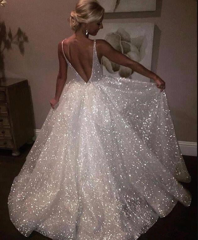 Bling Open Back Sleeveless Prom Dresses A-Line Shiny Evening Gowns-showprettydress