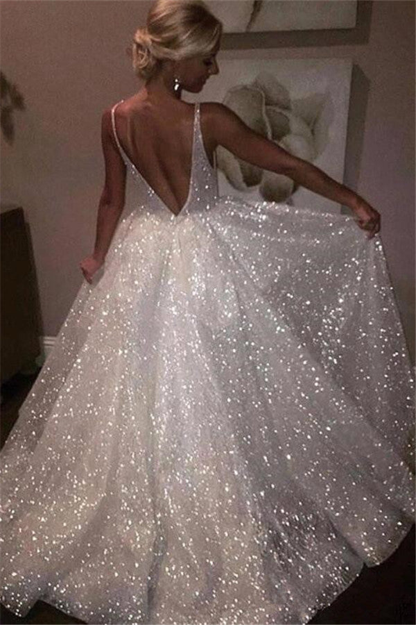 Bling Open Back Sleeveless Prom Dresses A-Line Shiny Evening Gowns-showprettydress