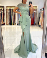Blue High neck Lace column Long Buttons Split Short sleeves Evening Dress-showprettydress
