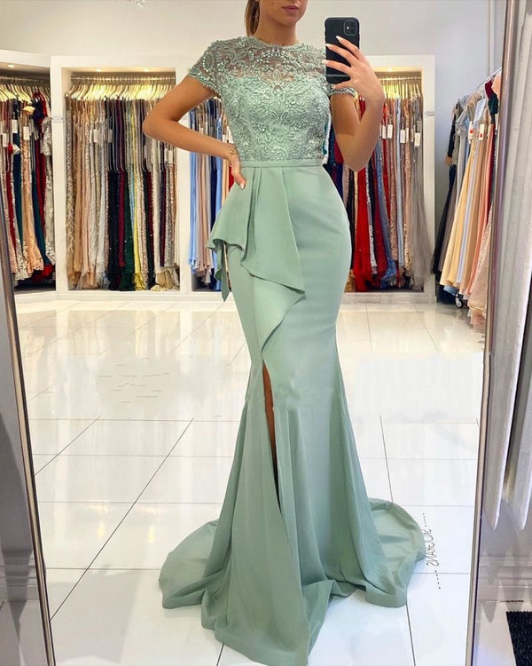 Blue High neck Lace column Long Buttons Split Short sleeves Evening Dress-showprettydress