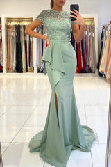 Blue High neck Lace column Long Buttons Split Short sleeves Evening Dress-showprettydress