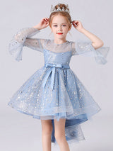 Blue Jewel Neck 3/4 Length Sleeves Bows Formal Kids Pageant flower girl dresses-showprettydress