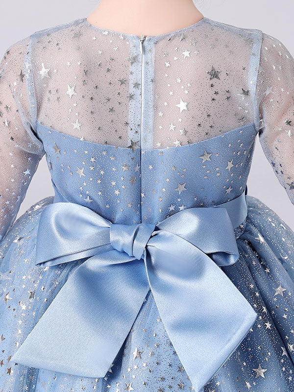 Blue Jewel Neck 3/4 Length Sleeves Bows Formal Kids Pageant flower girl dresses-showprettydress