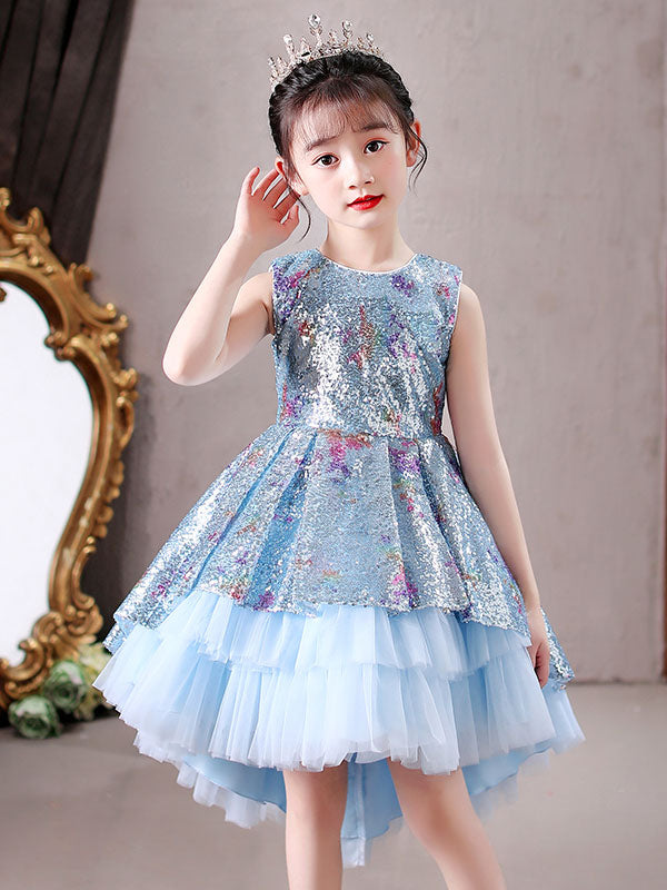Blue Jewel Neck Sleeveless Bows Kids Social Party Dresses Princess Dress-showprettydress