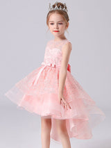 Blue Jewel Neck Sleeveless Short Princess Dress Sash Lace Kids Party Dresses-showprettydress
