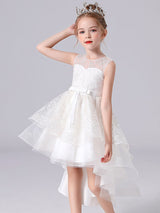 Blue Jewel Neck Sleeveless Short Princess Dress Sash Lace Kids Party Dresses-showprettydress