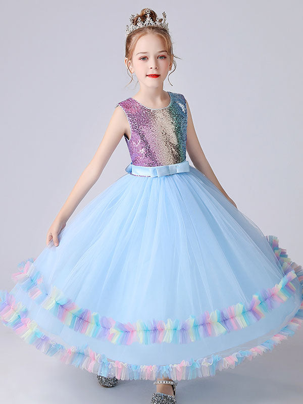 Blue Jewel Neck Tulle Sleeveless Ankle-Length Bows Kids Social Party Dresses Princess Dress-showprettydress