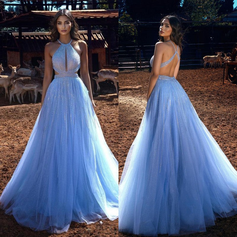 Blue Long A-line Halter Backless Prom Dress Tulle Evening Party Gowns-showprettydress