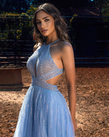 Blue Long A-line Halter Backless Prom Dress Tulle Evening Party Gowns-showprettydress
