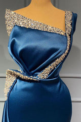 Blue Long One Shoulder Beading Mermaid Prom Dress-showprettydress