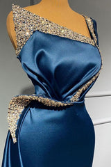 Blue Long One Shoulder Beading Mermaid Prom Dress-showprettydress