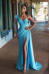Blue Long Sleeve Mermaid One Shoulder Prom Dress Split With Sequins-showprettydress