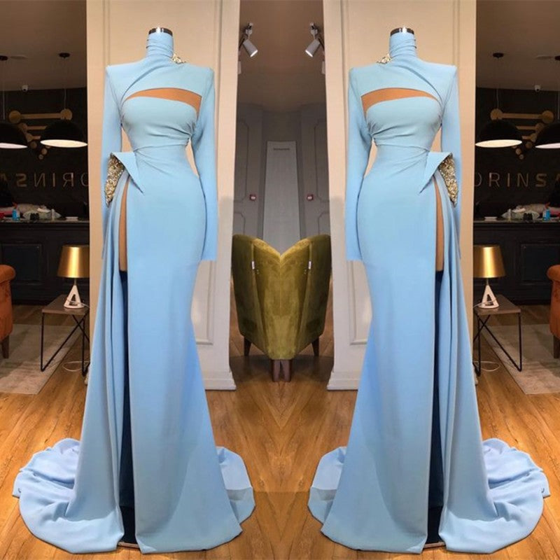 Blue Long Sleeves High Neck Mermaid Prom Dress Long With Slit-showprettydress