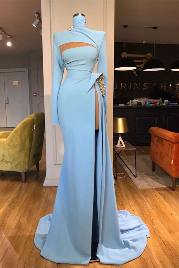 Blue Long Sleeves High Neck Mermaid Prom Dress Long With Slit-showprettydress